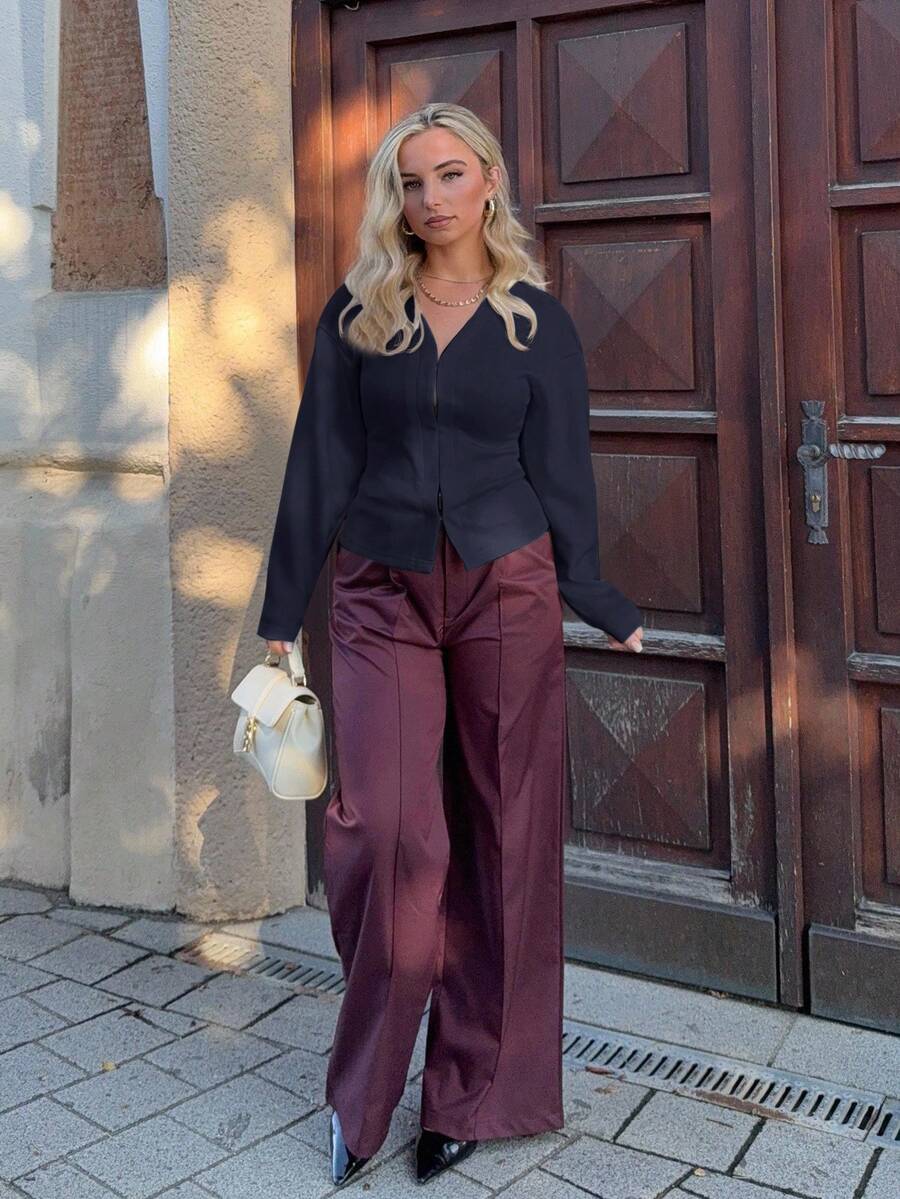 Jeta Ari Áo len dệt kim dài tay cổ chữ V thời trang retro màu đỏ tía cho nữ - Màu xanh hải quân - Xem 1