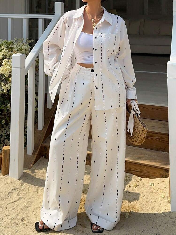 Plus Size Casual Shirt And Pants 2 Pieces Set