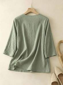 Rusticease Vacation Casual Solid Color Lace Splice Cutout Collar Blouse - Green - View 2