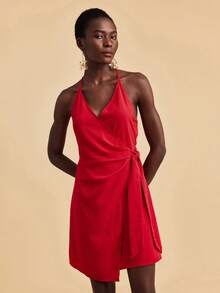 Travachic 休闲度假纯色系带露背连衣裙，夏季连衣裙，夏季穿搭，女士夏季连衣裙，优雅女士连衣裙，女士度假穿搭，节日连衣裙，红色连衣裙 - 紅色 - 查看 5