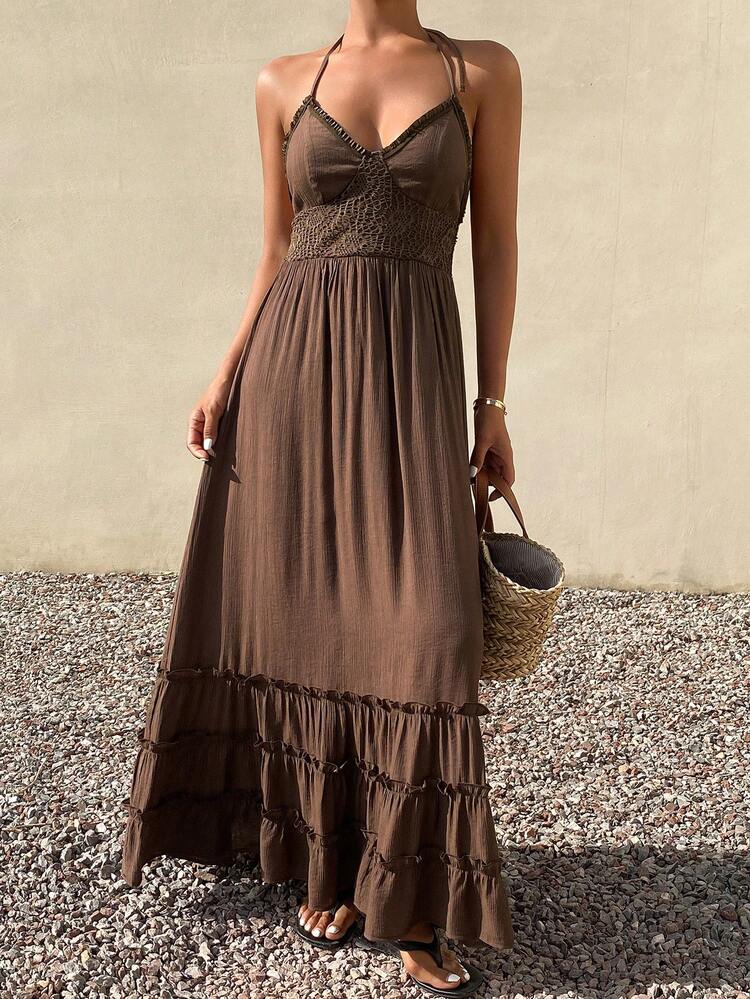 Women's Vacation Casual Ruffle Hem Backless Dress Boho