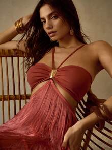 MOTF PREMIUM ELEGANT STRAPLESS HOLLOW OUT TASSEL DECOR WAIST FLOWY VACATION COVER UP DRESS - Redwood - View 8
