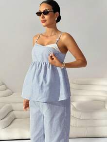 MaterniWear 孕妇条纹荷叶边吊带背心和可调节腰带裤子哺乳两件套 - 藍白色 - 查看 5