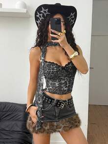 Coolane 女士夏季音乐会音乐节街头风Y2K蕾丝豹纹蝴蝶结背心 - 灰色 - 查看 2