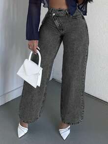 Alexandranx 女士休闲不对称腰斜插口袋水洗牛仔裤 - 深灰色 - 查看 4