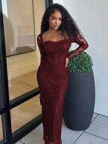 Alexandranx Vestido maxi de Body ceñido con escote redondo, manga larga, estilo corpiño y detalles de encaje, color negro, para mujer, nuevo para otoño/invierno, adecuado para fiestas, citas nocturnas o eventos de noche - Burdeos - Ver 6