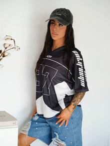 SAYEHFBABY 女款春夏 Y2K 街头风复古透气网眼图案足球 T 恤 - 黑色 - 查看 4