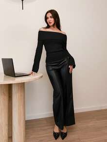 Bris Aura 露肩翻领罗纹针织毛衣、长袖上衣 - 黑色 - 查看 1