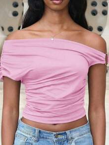 Mima John Ladies' Solid Color Ruched Asymmetrical Neck Asymmetric Summer Blouse - Baby Pink - View 3