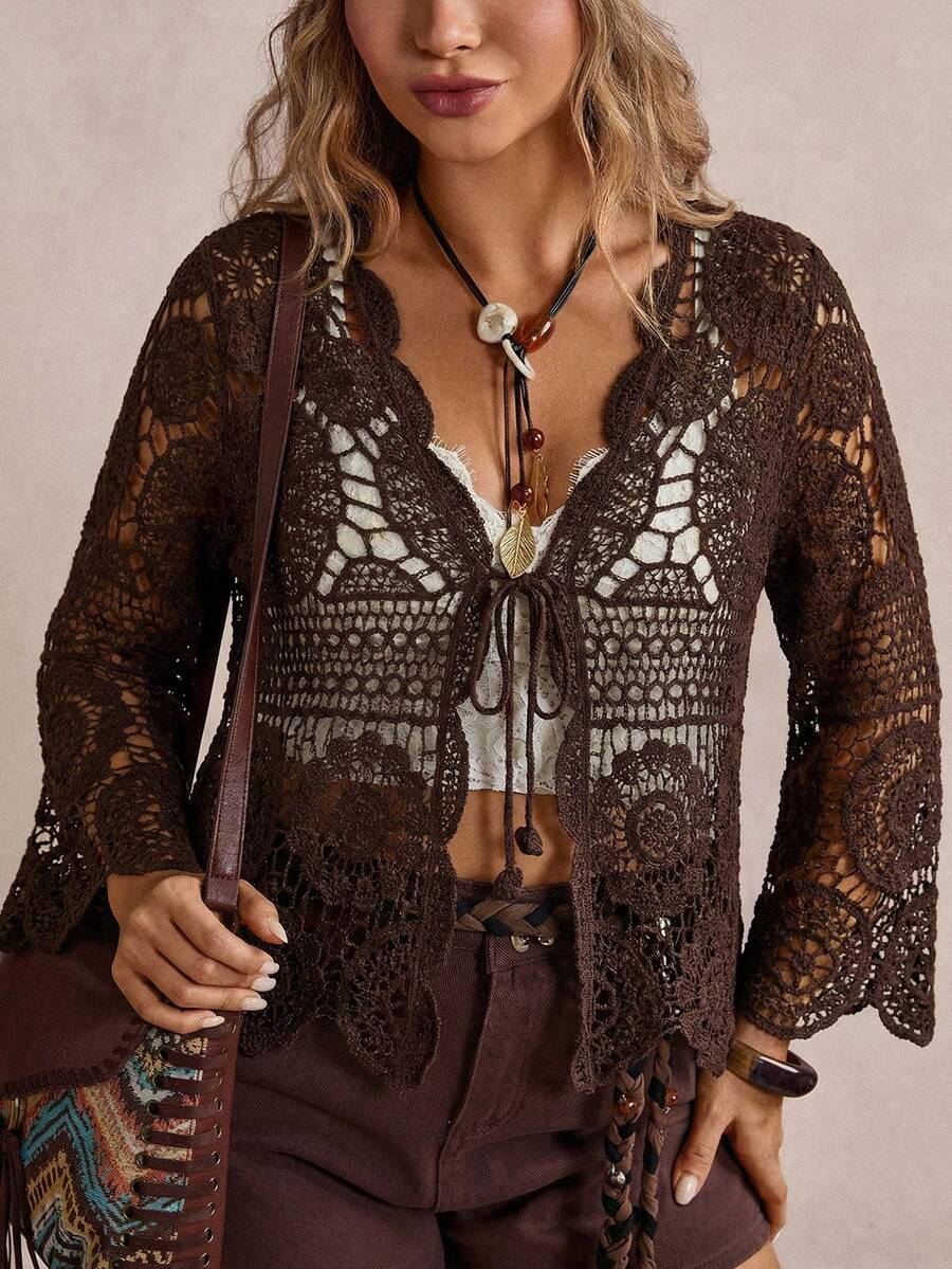 Freevana 大码女式镂空休闲百搭长袖开衫，适合日常穿着 - 巧克力棕 - 查看 1