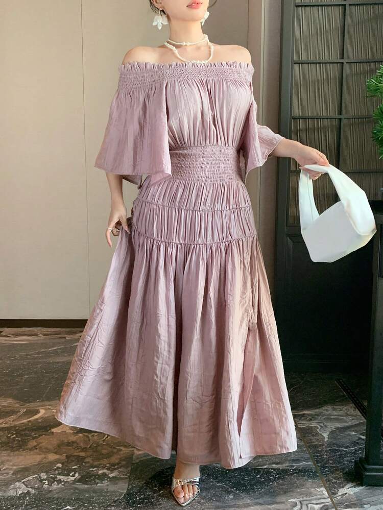 Women's Summer Off Shoulder Short Sleeve Waist Cinched Elegant Long Dress Sundress