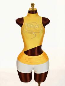 Amplova Y2K Rhinestone Embellished Top With Asymmetrical Hem, Low Waist Women Shorts, 2-Piece Set - Yellow - View 3