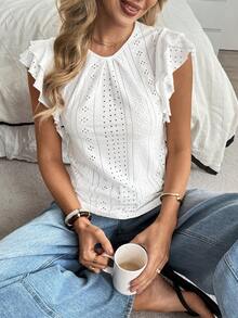 Louniche Maglietta estiva casual da donna, colore unito, stile boho con volant, top bianco in voile, camicetta bianca in pizzo traforato, top estivo bianco in pizzo, top con volant bianco in pizzo, top in pizzo bianco per donna, camicia bianca a maniche corte senza pieghe per donna, top bianco da donna, top da allenamento da donna, camicetta da lavoro da donna, top e camicette casual da donna per l'estate, top estivi da donna, camicetta carina da donna casual ed elegante, top estivi da donna - Bianco - Visualizzare 1