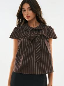 Poéselle 女士休闲条纹打结衬衫，适合夏季日常穿着 - 彩色 - 查看 8