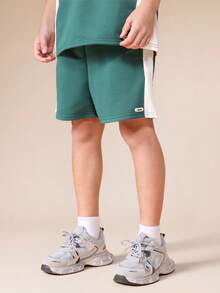 SUMWON Color Block Tween Short Sleeve T-Shirt And Shorts Two Piece Coordinated Set With Contrast Dark Green Panel Details For Casual Summer Wear School - Dark Green - View 4