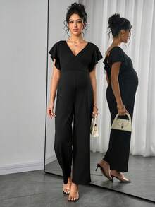 SHEIN 孕妇纯色V领镂空休闲短袖连体裤 - 黑色 - 查看 4