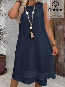 SHEIN VCAY 大码女式纯色圆领休闲无袖连衣裙，夏季 - 藏蓝色 - 查看 1