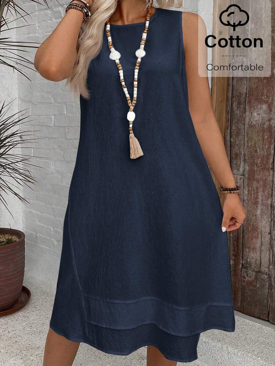 SHEIN VCAY 大码女式纯色圆领休闲无袖连衣裙，夏季 - 藏蓝色 - 查看 1