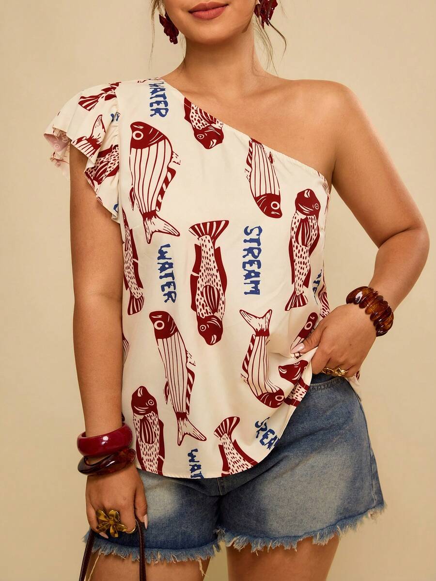 Travachic 大码休闲短袖单肩时尚夏季衬衫,夏季女式单肩上衣,夏季女式短袖上衣,动物纹印花女式上衣 - 彩色 - 查看 1