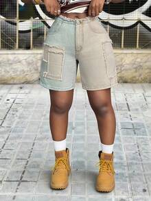 Slaydiva Quần short denim nữ phối màu tương phản, có tua rua ở eo và túi. - Màu Khaki - Xem 5