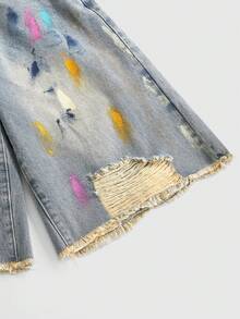 ROMWE Y2K Music Festival Casual Street Graffiti Spray Washed Light Blue Versatile Women Jeans - Light Wash - View 4