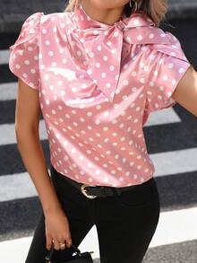 Pariaura Women's Elegant Bow Tie Collar Short Sleeve Blouse, Fashion Spring/Summer Ladies Top, Red Summer Shirt, Party Wear, Polka Dot Fitted Shirt, Beach, Birthday - Pink - View 5