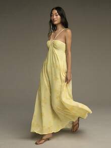 COSMINA 女士优雅印花褶皱吊带长裙，适合春夏度假、户外活动、约会、婚礼宾客等场合 - 黃色 - 查看 7