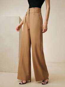 Anewsta Retro Casual Loose Office Khaki High Waist Notch Design Draping Women's Suit Pants - Khaki - View 4