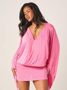 MISSGUIDED Vestido mini de estilo chifón con escote en V profundo, frente cruzado, mangas abultadas y drapeado para fiesta y cóctel, en color rosa - Rosa Fucsia - Ver 4
