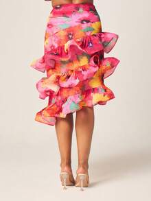 MISSGUIDED Women's Pink Floral Floral Printed Ruffle Midi Skirt With Tiered Frills And High Waist Design For Spring Summer Occasions Vacation Sexy - Multicolor - View 2
