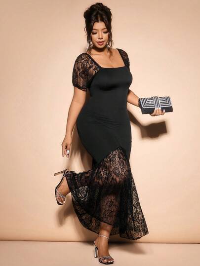 Cravure Vestido ajustado de cola de pez con parches de encaje negro de manga corta y cuello cuadrado para mujer de talla grande, nueva moda de verano, elegante vestido mini de encaje que acentúa las curvas. Falda ajustado de parches de encaje negro elegante, el aspecto formal y los detalles de diseño del vestido son adecuados para fiestas de cóctel, galas o eventos de moda, el estilo elegante también es adecuado para citas románticas o cenas formales.