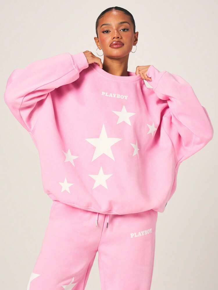 Missguided x Playboy 여성 스타 프린트 오버사이즈 풀오버 스웨트셔츠 긴팔 크루넥 캐주얼 라운지웨어