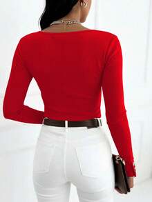 INAWLY 修身性感圆领半开襟心形纽扣休闲长袖女式T恤 - 紅色 - 查看 2