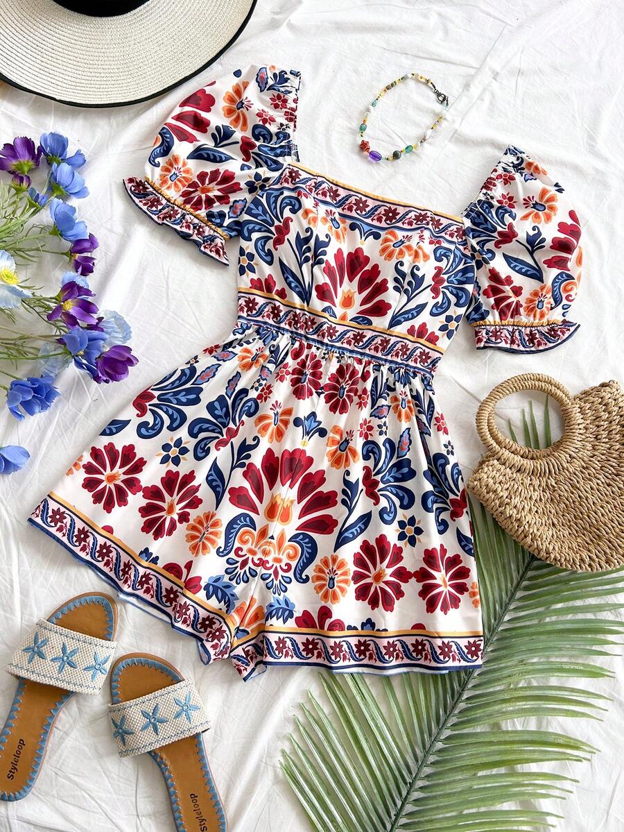 Soleia Bộ jumpsuit nữ màu xanh lá cây và trắng in họa tiết, cổ vuông, tay cánh hoa, eo thon, ống rộng, thích hợp cho kỳ nghỉ. - Nhiều màu - Xem 1
