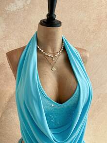 Soleia Women's Sequin Halter Backless Beach Vacation Top - Blue - View 6