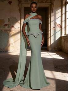 Elitara 优雅奢华的露肩美人鱼礼服，饰有大量串珠和水钻，配有缎带，适合婚礼、活动、派对、度假、晚宴和正式场合。 - 草綠色 - 查看 7