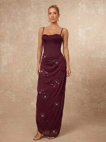 Lumalex 女士纯色拼接修身吊带长裙 - 酒紅色 - 查看 8