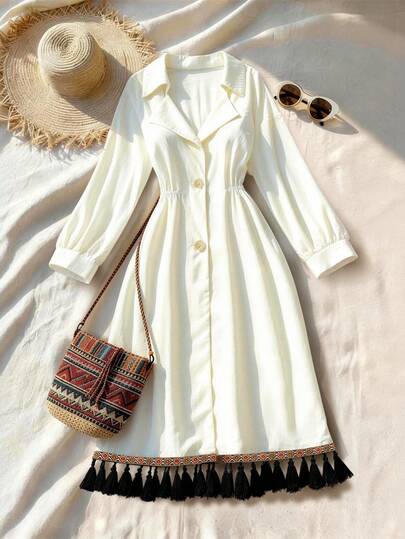 GlowEve Women's Single-Breasted Pleated Fringe Design Fashionable Chic Dress