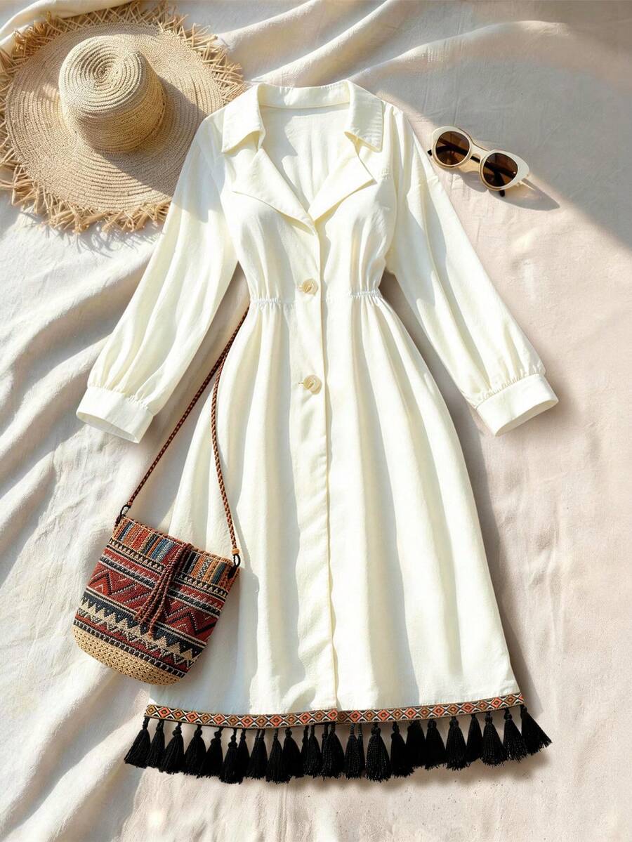 GlowEve Women's Single-Breasted Pleated Fringe Design Fashionable Chic Dress - Apricot - View 1