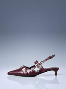CUCCOO GRLICON Burgundy Patent Leather Pointed Metal Double Buckle With Kitten And Women's High Heels - Burgundy - View 2