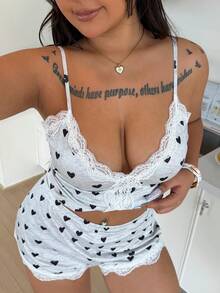 SHEIN Comfortable Gray Heart Print Lace Camisole & Shorts Pajama Set, Plus Size - Grey - View 7