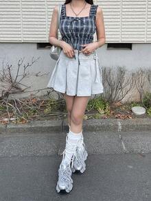 FRIFUL 女士全格纹紧身吊带背心，正面系带，夏季款 - 藍色 - 查看 3