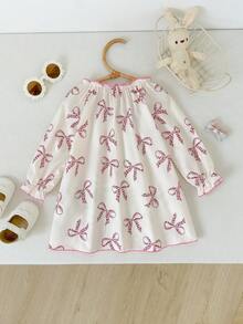 Cozy Pixies Baby Girl Bow Decor Round Neck Long Sleeve Casual Comfortable Dress - Apricot - View 2