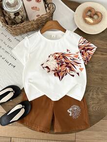 SHEIN Kids Boys Summer Casual T-Shirt Set,Classic Cool Lion Pattern Animal Cartoon Print White Short Sleeve Top And Khaki Shorts 2-Piece Set For Holidays - Khaki - View 3
