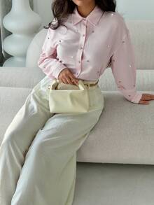 Modelyn 女士休闲工作服宽松水钻装饰落肩长袖衬衫，春秋季 - 粉色 - 查看 5