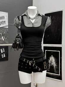 StreetHx Women's Street Style 2 In 1 Plaid Short Sleeve Shirt - Black - View 1