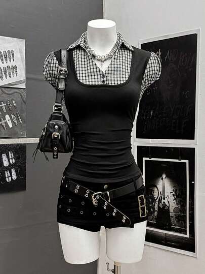 StreetHx Women's Street Style 2 In 1 Plaid Short Sleeve Shirt