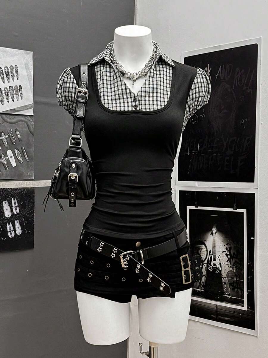 StreetHx Women's Street Style 2 In 1 Plaid Short Sleeve Shirt - Black - View 1