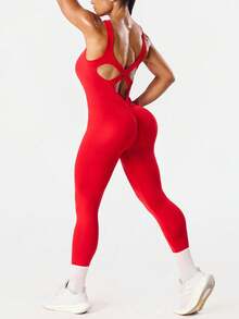 Dewbera 女士无缝红色运动连体裤，无袖交叉绑带心形镂空瑜伽健身裤 - 紅色 - 查看 6