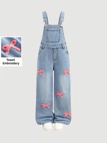 SHEIN Girlism 少女夏季海滩波西米亚风浅色水洗斜插口袋复古粉色蝴蝶结拼接设计牛仔背带连体裤，适合少女日常穿着，也适合春夏派对、音乐节和街头服饰。 - 藍色 - 查看 7